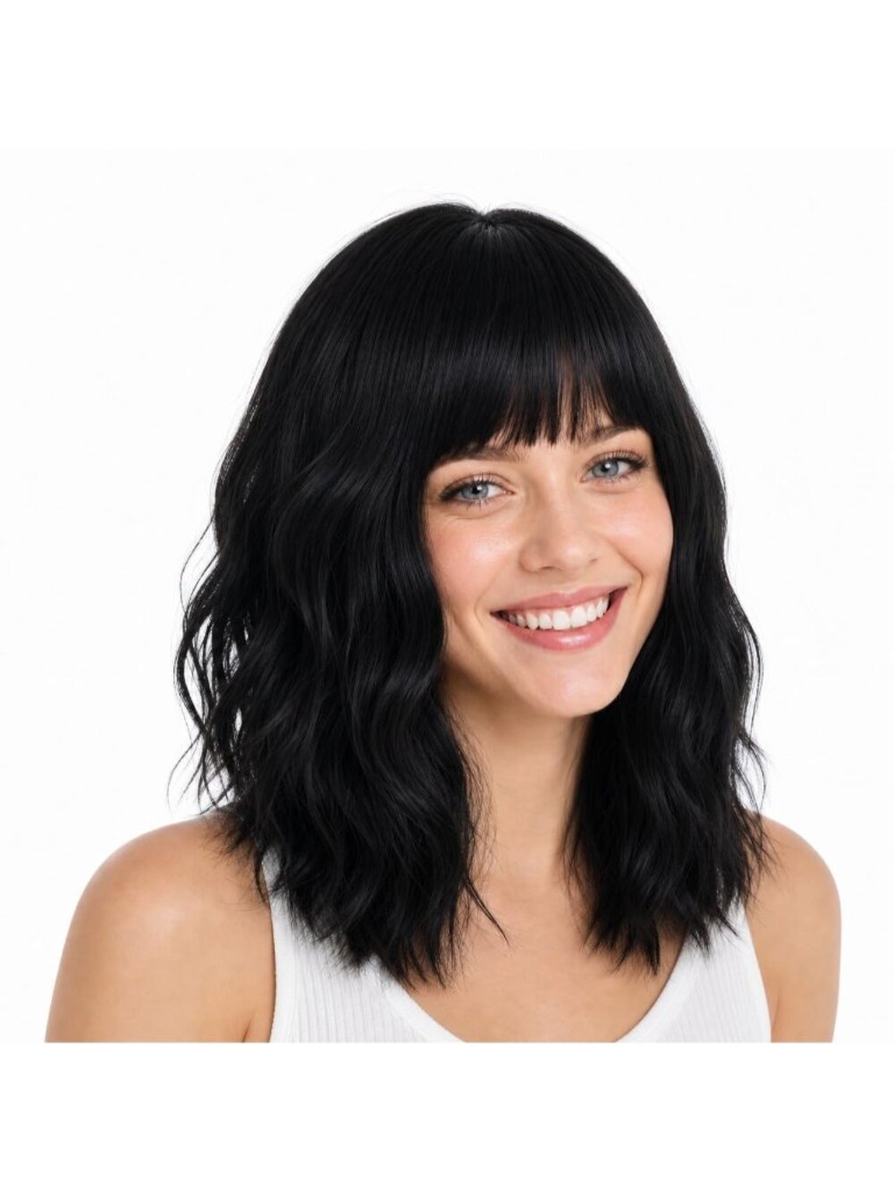 Women's Black Short Wavy Curly Bob Wig with Bangs 14 Inch Synthetic Hair